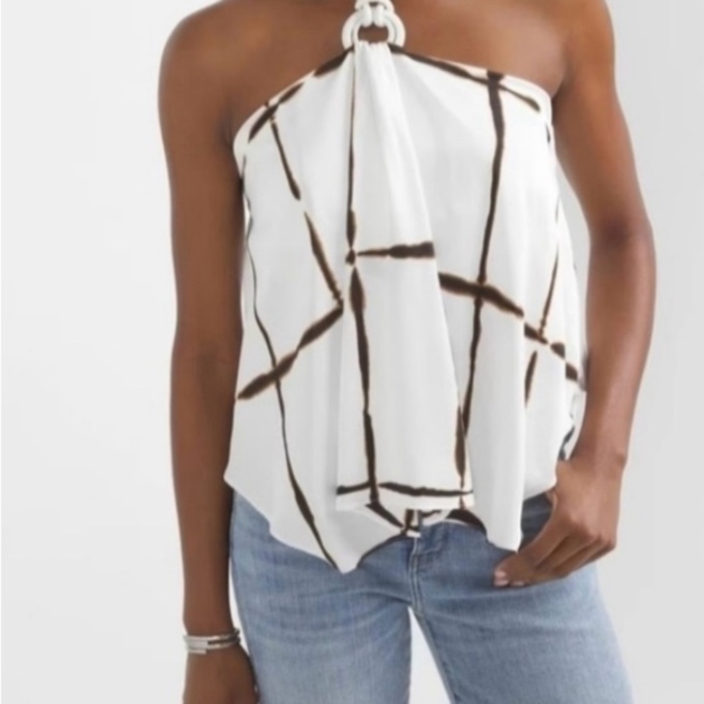 White House/Black Market Abstract Print White and Brown Halter Top